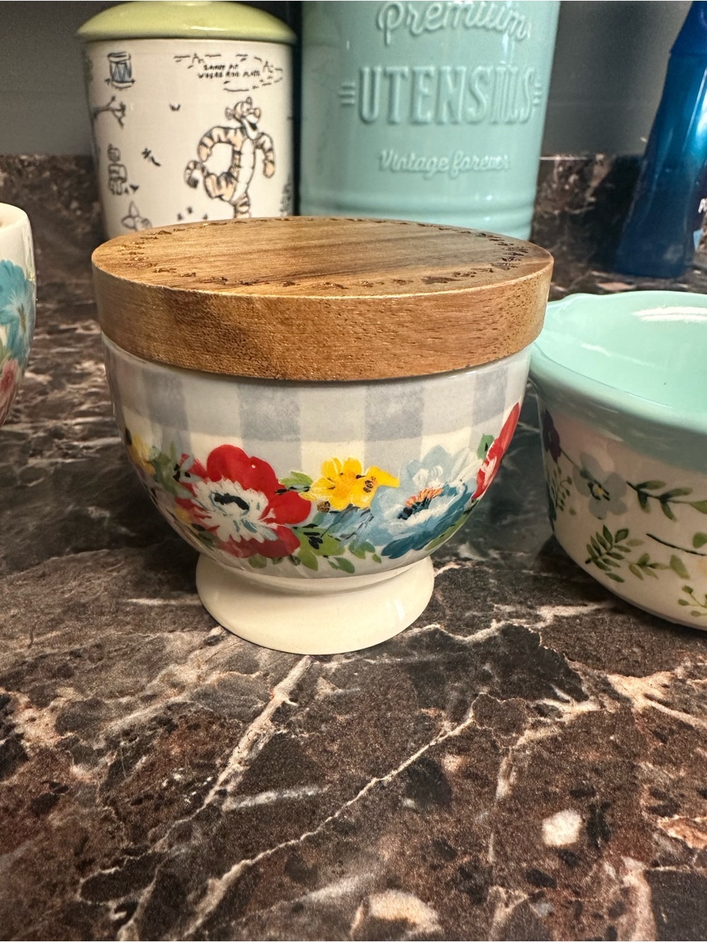 The Pioneer Woman Floral Ceramic Jar with Wood Lid - Red, Yellow, Blue